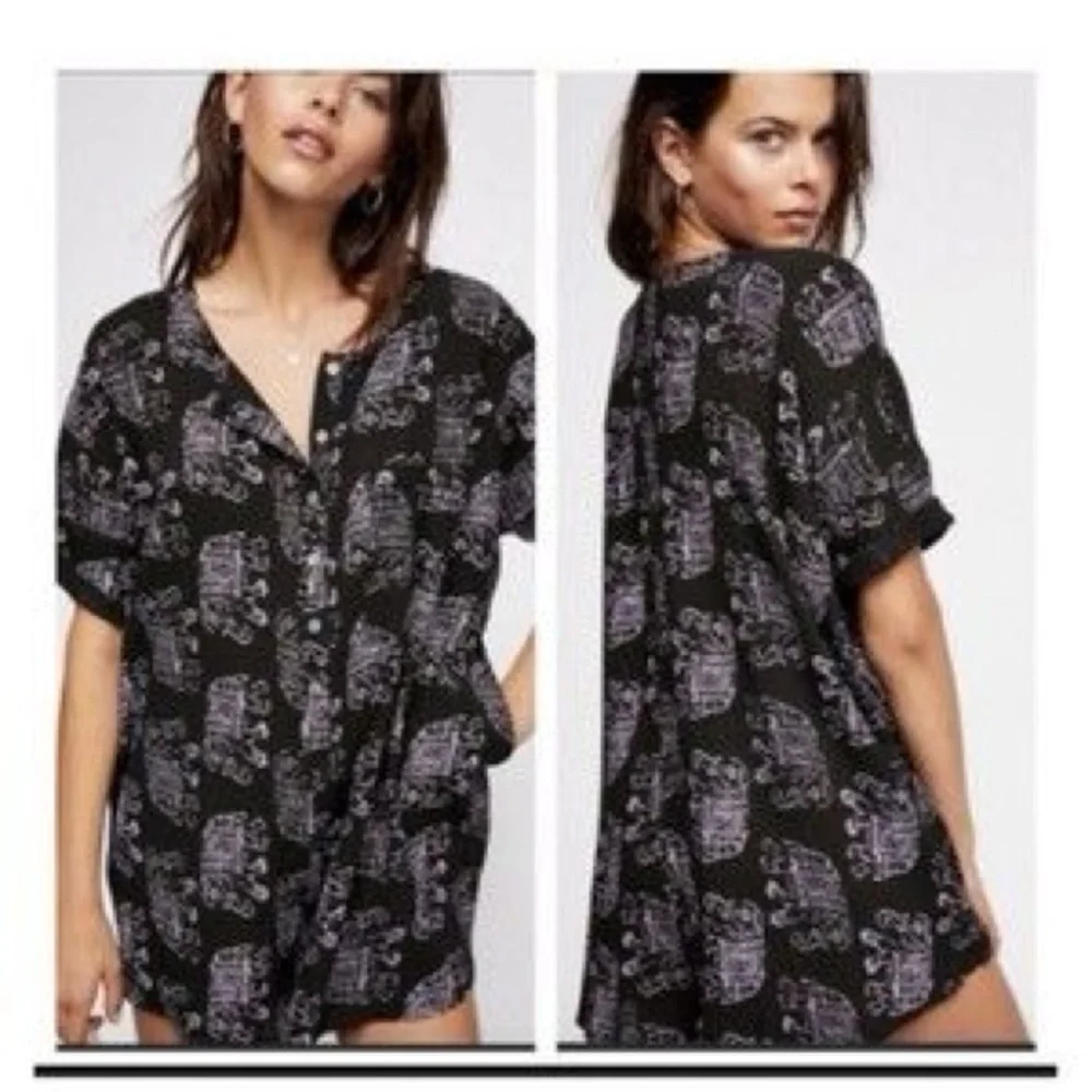 Free People Black Elephant Print Short Sleeve front buttons oversized Romper XS